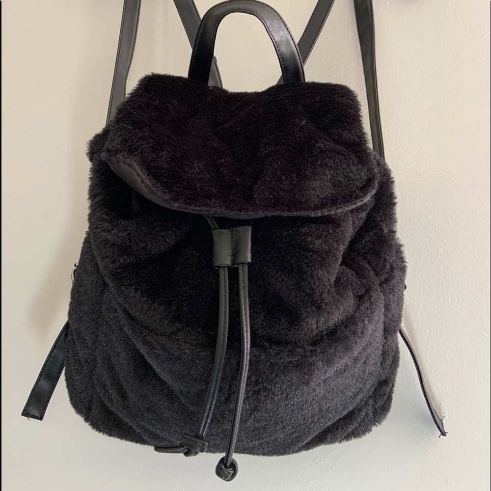 New Black Faux Fur Winter 12" Backpack - Picture 2 of 7